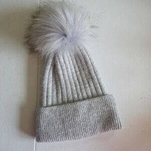 FRR Wool Blend Knit Gray Beanie Hat Genuine Raccoon Fur Pom Pom Winter Warm